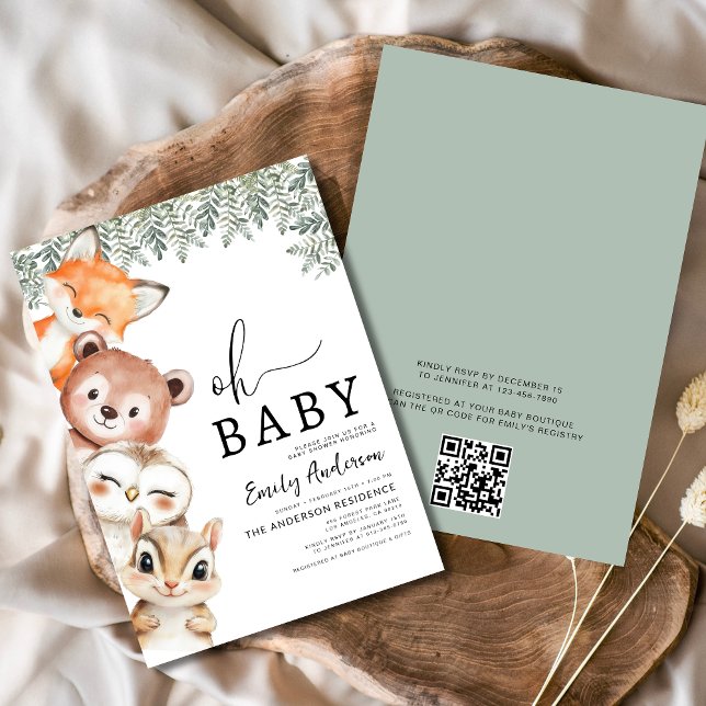 QR Code Oh Baby Woodland Animals Baby Shower Invitation (Creator Uploaded)