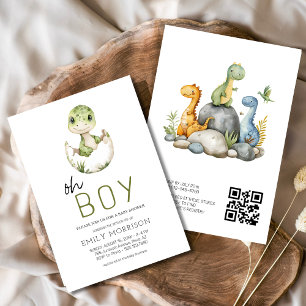 QR Code Oh Boy Dinosaur Baby Boy Shower Invitation