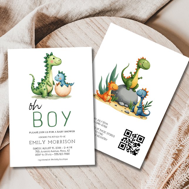 QR Code Oh Boy Dinosaur Baby Boy Shower Invitation (Creator Uploaded)