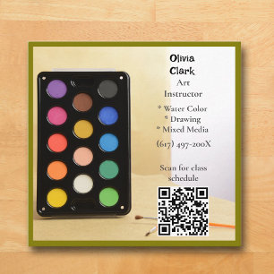 QR Code Olive Green Artist  Educator Art teacher  Square Business Card