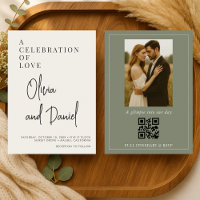 QR Code Olive Green Script Photo Wedding