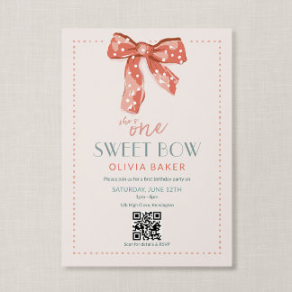 QR Code One Sweet Bow Pink Coquette First Birthday Invitation