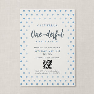 QR Code Onederful Blue Polka Dot First Birthday Invitation