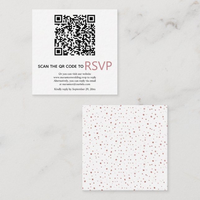 QR code online RSVP rose gold confetti wedding Enclosure Card (Front/Back)
