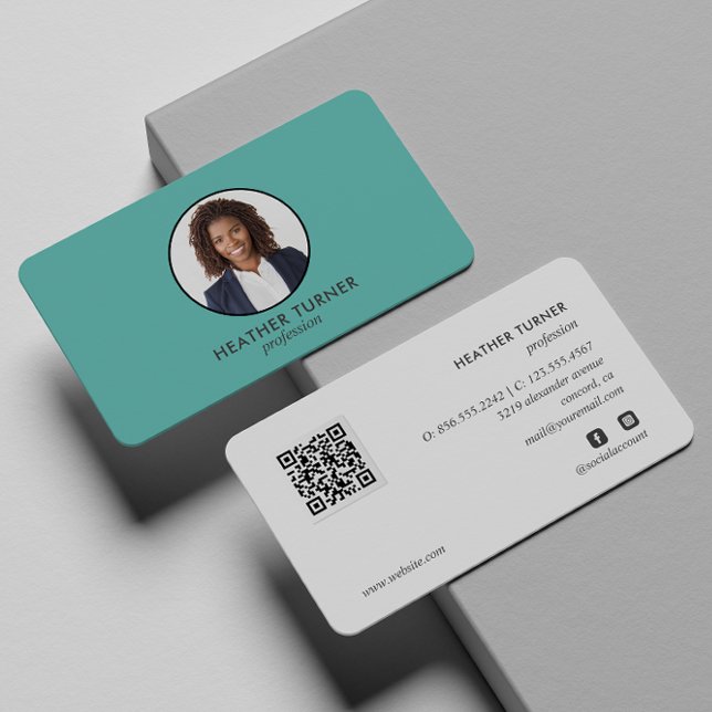 QR CODE or Logo Professional Headshot Photo Teal Business Card (Creator Uploaded)