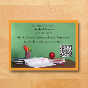 QR Code Orange Grade School Preschool Teacher  Business Card