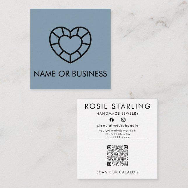 QR Code Pale Blue Professional Gem Heart Square Square Business Card (Front/Back)