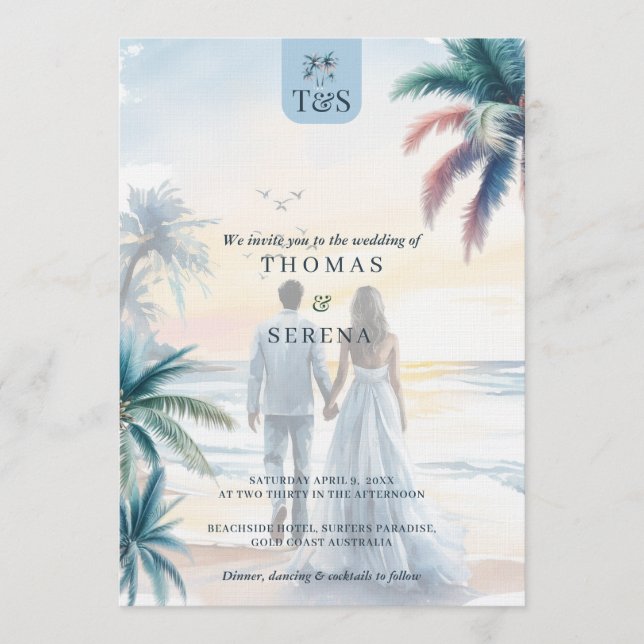 QR Code Palm Tree Beach Wedding Destination Invitation (Front)