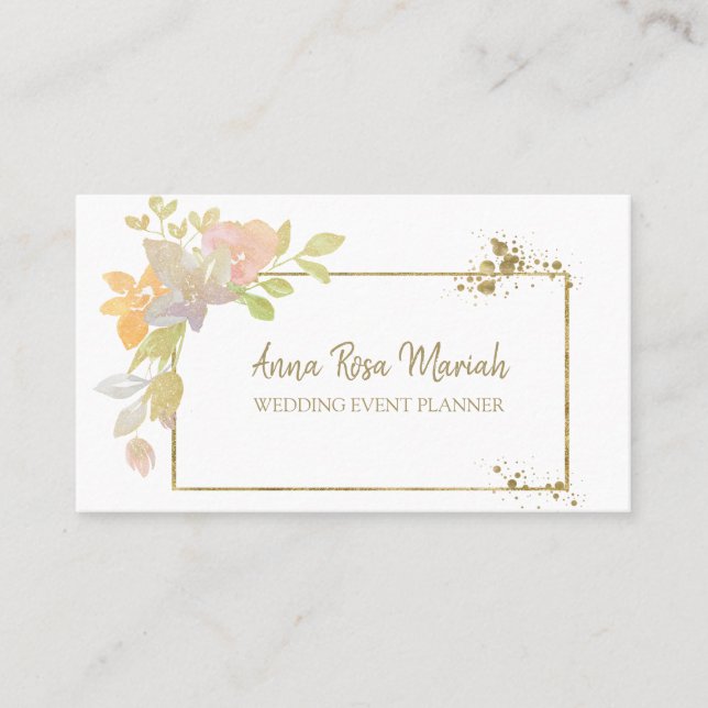 *~* QR CODE Pastel Elegant Gold Glitter Flower Business Card (Front)