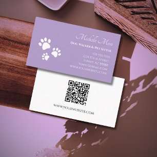 QR code Paw Prints Pet Sitter Elegant Purple Business Card