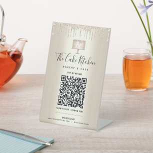 QR Code Pay Here Gold Bakery Cake Glitter Drips Pedestal Sign