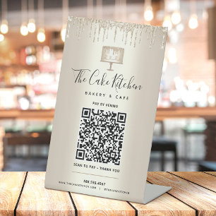 QR Code Pay Here Gold Bakery Cake Glitter Drips Pedestal Sign