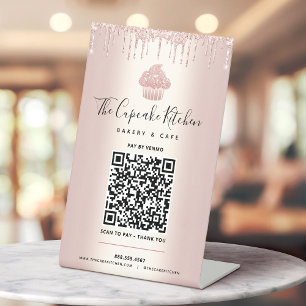 QR Code Pay Here Rose Gold Cupcake Glitter Bakery Pedestal Sign