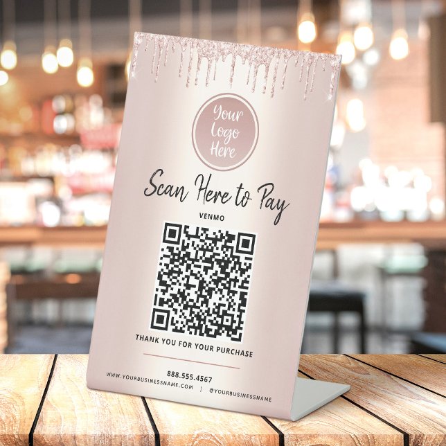 QR Code Pay Here Rose Gold Glitter Custom Logo Pedestal Sign (Creator Uploaded)