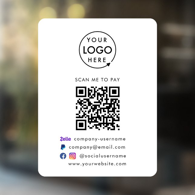 QR Code Pay | Zelle Paypal Payment Business Logo (Versatile digital payment window decal for sales, retail stores, salons, pop-ups, events & more!)