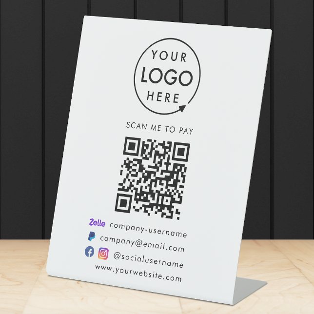 QR Code Pay | Zelle Paypal Payment Business Logo Pedestal Sign (Versatile digital payment tabletop signs for sales, retail stores, salons, pop-ups, events & more!)
