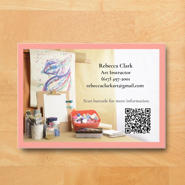 QR Code Peach Pink Art Teacher Tutor Art Class  Business Card (Peach Pink Art Classroom Business Card for Teacher )