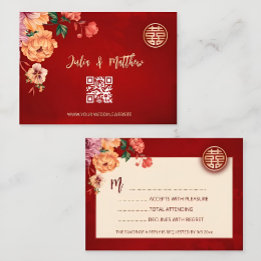QR Code Peony Red RSVP Chinese Wedding Card