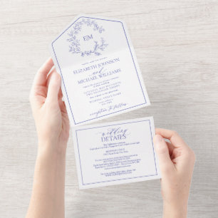 QR Code Periwinkle Leafy Crest Monogram Wedding All In One Invitation