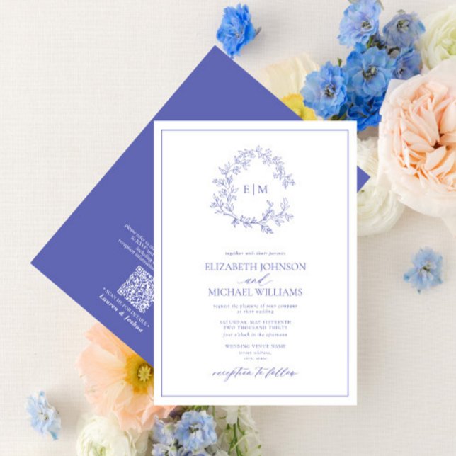 QR Code Periwinkle Leafy Crest Monogram Wedding Invitation (Creator Uploaded)