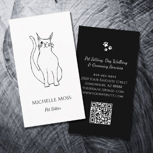 QR code Pet Sitter Cute Winking Cat Black White Business Card
