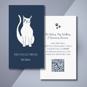 QR code Pet Sitter Cute Winking Cat Navy Blue Business Card
