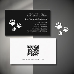 QR code Pet Sitter Paw Prints Black White Business Card