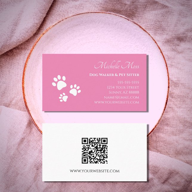 QR code Pet Sitter Paw Prints Pink  Business Card (Creator Uploaded)