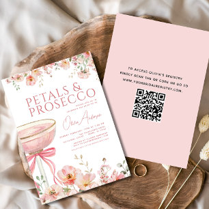 QR Code Petals & Prosecco Pink Bow Bridal Shower  Invitation