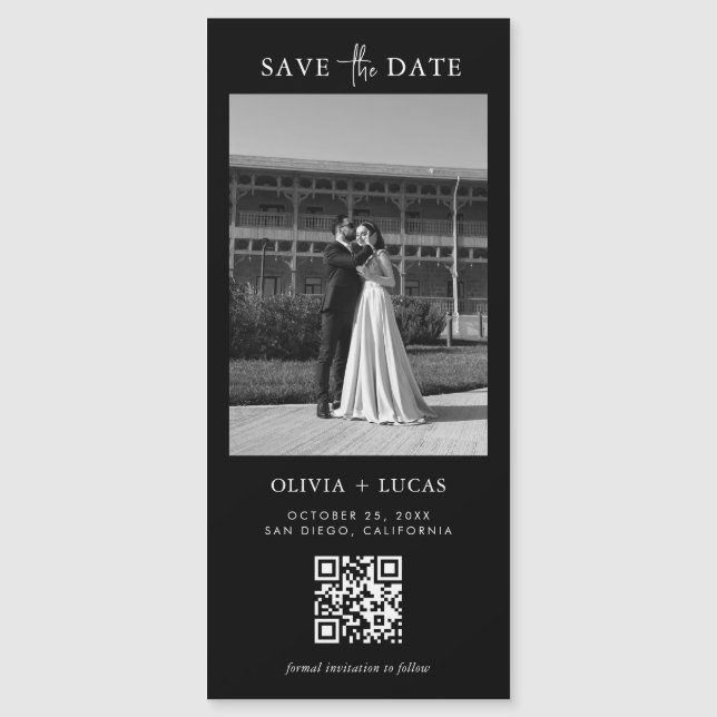 QR Code Photo Black Magnetic Wedding Save The Date (Front)