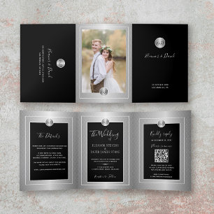 QR CODE photo black silver all in one wedding Tri-Fold Announcement