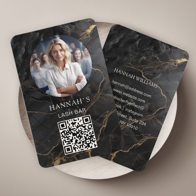 QR-Code, Photo, Marble, Black-Gold, Salon Business Card (Creator Uploaded)