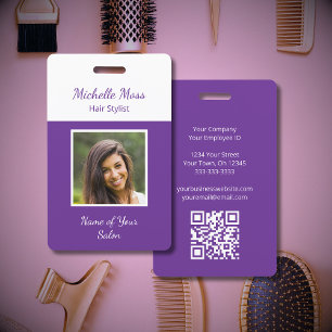 QR code Photo Purple Hair Stylist Beauty Salon ID Badge