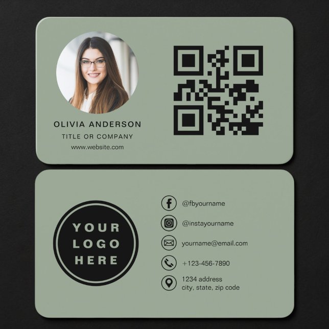 QR Code Photo Sage Green Business Card (Creator Uploaded)