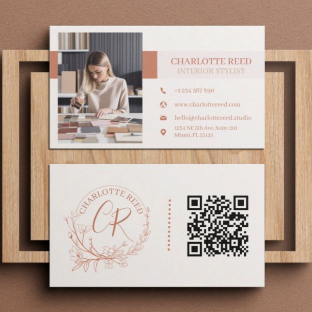 QR Code Photo Terracotta Floral Monogram Business Card (Creator Uploaded)