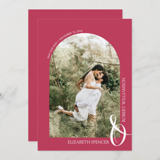 QR Code Photo Wedding Magenta Save The Date (Front/Back)