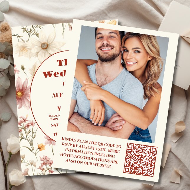 QR Code Photo Whimsical Wildflower Meadow Wedding Invitation (Creator Uploaded)