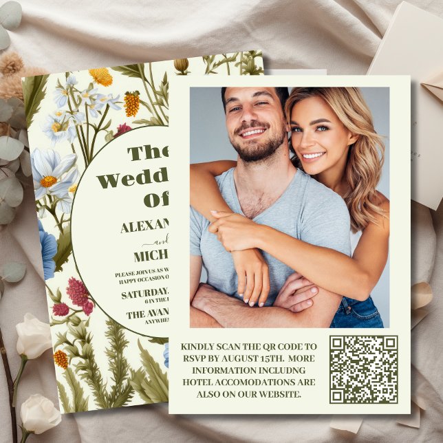 QR Code Photo Whimsical Wildflower Meadow Wedding Invitation (Creator Uploaded)