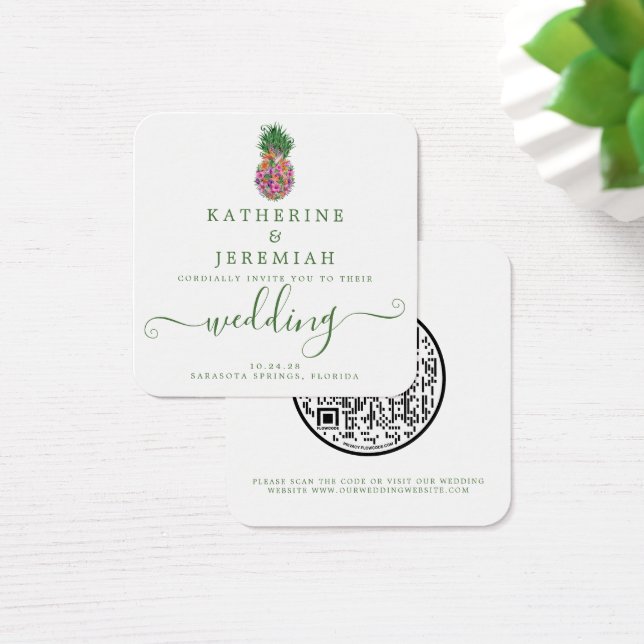 QR Code Pineapple Floral Wedding Invitation (Desk)