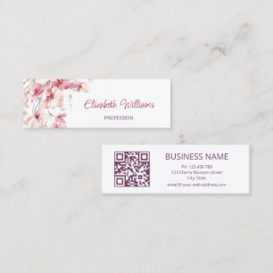 QR Code Pink Boho Flowers White Mini Business Card