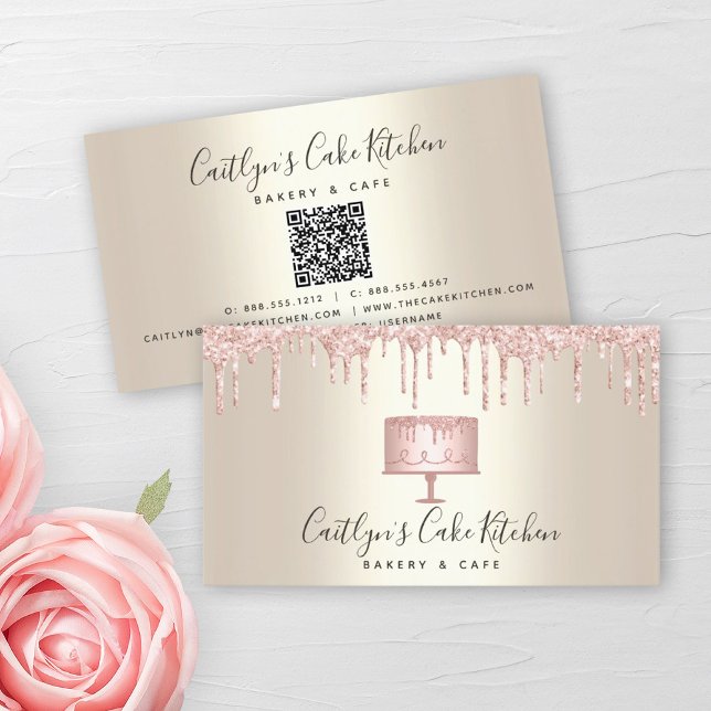 QR Code Pink Cake Bakery Dessert Glitter Drip Gold Business Card (Creator Uploaded)