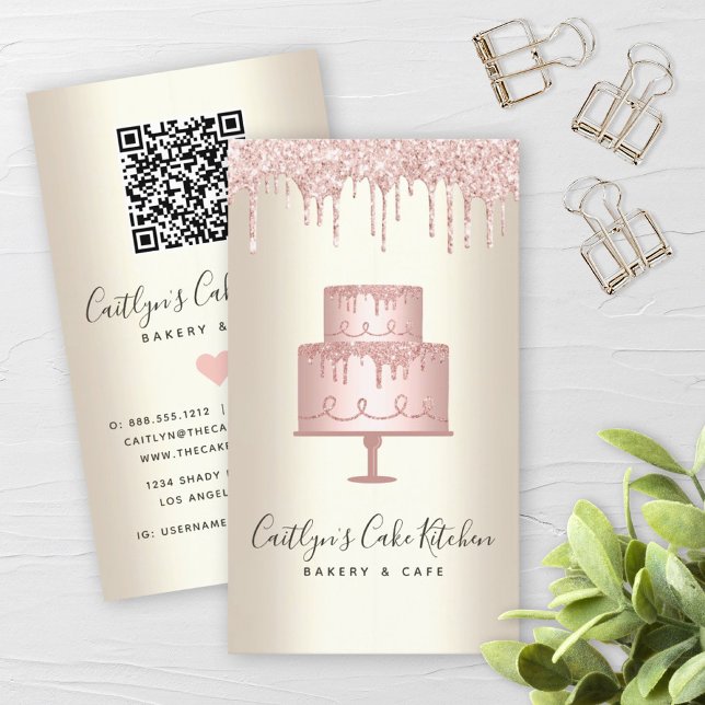 QR Code Pink Cake Glitter Drip Gold Bakery Dessert Business Card (Creator Uploaded)