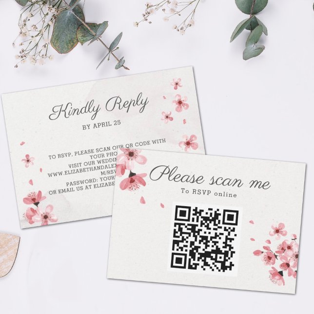 QR Code Pink cherry blossom chic floral wedding RSVP Card (Creator Uploaded)