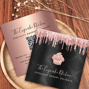 QR Code Pink Cupcake Glitter Drips Bakery Black Square Business Card
