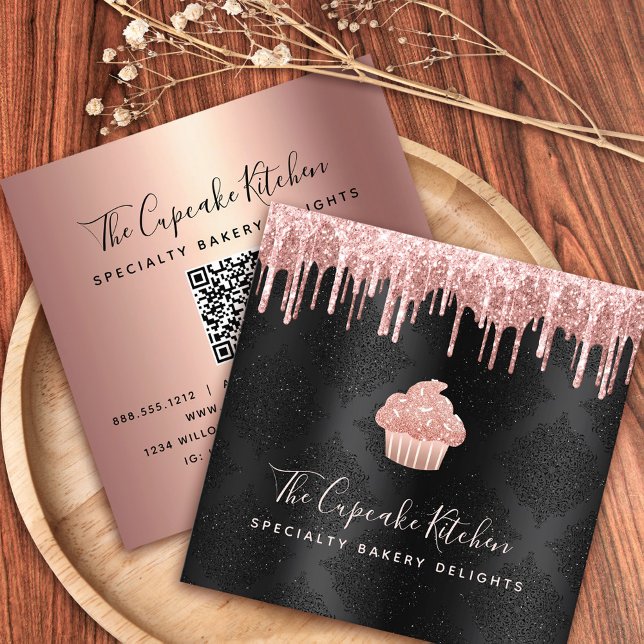 QR Code Pink Cupcake Glitter Drips Bakery Black Square Business Card (Creator Uploaded)