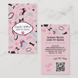 QR Code Pink Girly Mid-Century Pet Groomer III Business Card