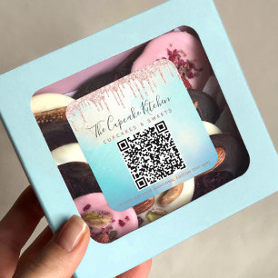 QR Code Pink Glitter Drip Blue Watercolor Business Square Sticker