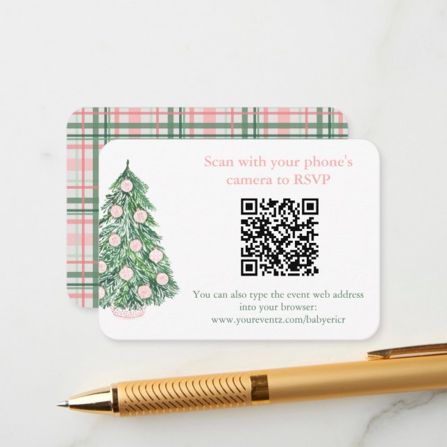 QR Code Pink Green Christmas RSVP Or Registry Enclosure Card (Front/Back In Situ)