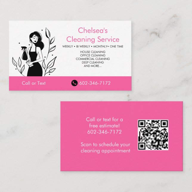 QR Code Pink House Cleaning Service Business Card (Front/Back)