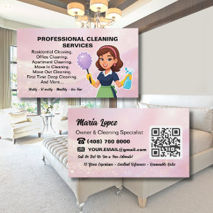 QR Code Pink Maid House Cleaning Service Business Card